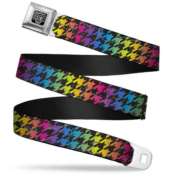 Buckle-Down BD Wings Logo CLOSE-UP Full Color Black Silver Seatbelt Belt - Houndstooth Black/Rainbow Webbing