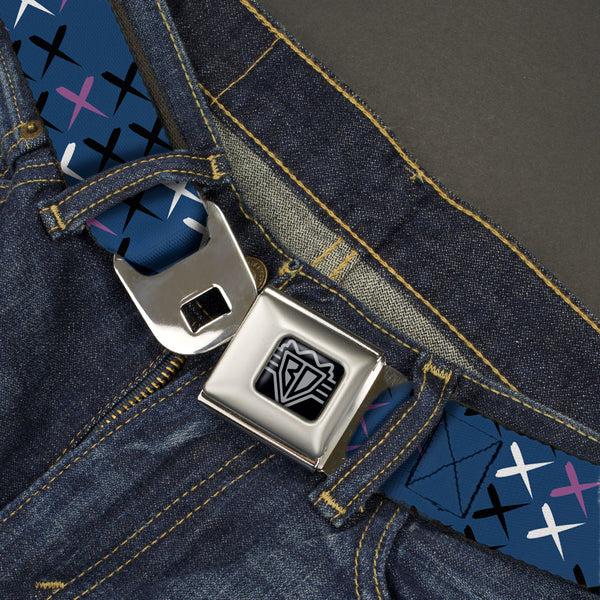 Buckle-Down BD Wings Logo CLOSE-UP Full Color Black Silver Seatbelt Belt - Tread Plate Turquoise/Fuchsia/White Webbing