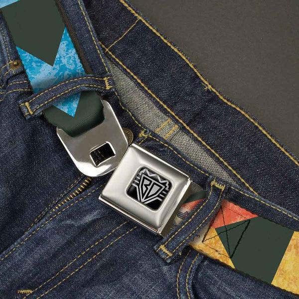 Buckle-Down BD Wings Logo CLOSE-UP Full Color Black Silver Seatbelt Belt - Geometric8 Charcoal/Orange/Gold/Blue Webbing