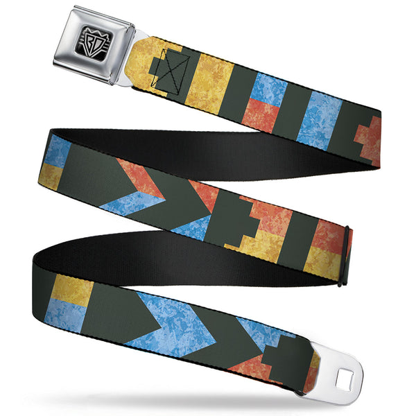 Buckle-Down BD Wings Logo CLOSE-UP Full Color Black Silver Seatbelt Belt - Geometric8 Charcoal/Orange/Gold/Blue Webbing