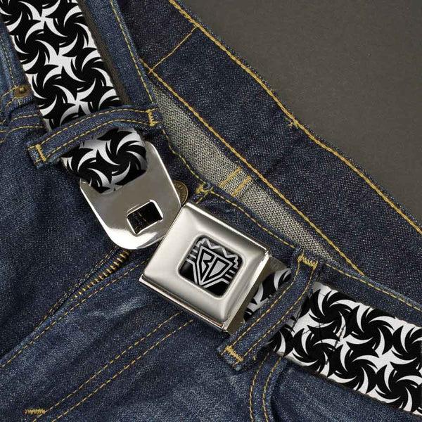 Buckle-Down BD Wings Logo CLOSE-UP Full Color Black Silver Seatbelt Belt - Pinwheel Plumes White/Black Webbing