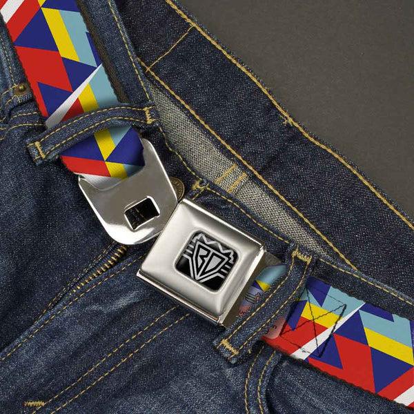 Buckle-Down BD Wings Logo CLOSE-UP Full Color Black Silver Seatbelt Belt - Geometric Triangles/Stripe Red/White/Blues/Yellow Webbing