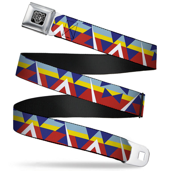 Buckle-Down BD Wings Logo CLOSE-UP Full Color Black Silver Seatbelt Belt - Geometric Triangles/Stripe Red/White/Blues/Yellow Webbing