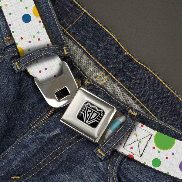 Buckle-Down BD Wings Logo CLOSE-UP Full Color Black Silver Seatbelt Belt - Dots/Grid2 White/Gray/Multi Color Webbing