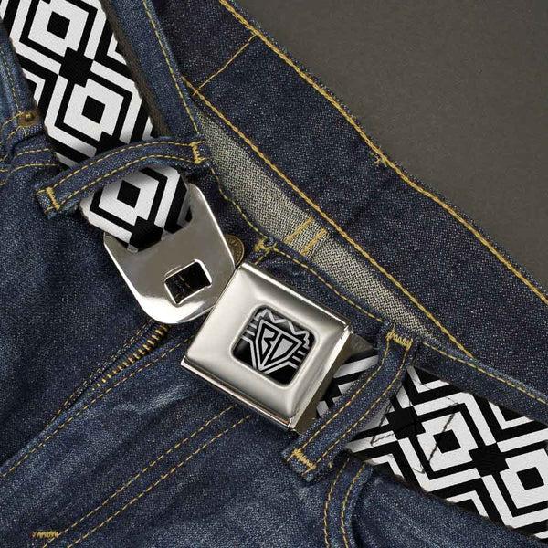 Buckle-Down BD Wings Logo CLOSE-UP Full Color Black Silver Seatbelt Belt - Geometric Diamond2 Black/White/Black Webbing