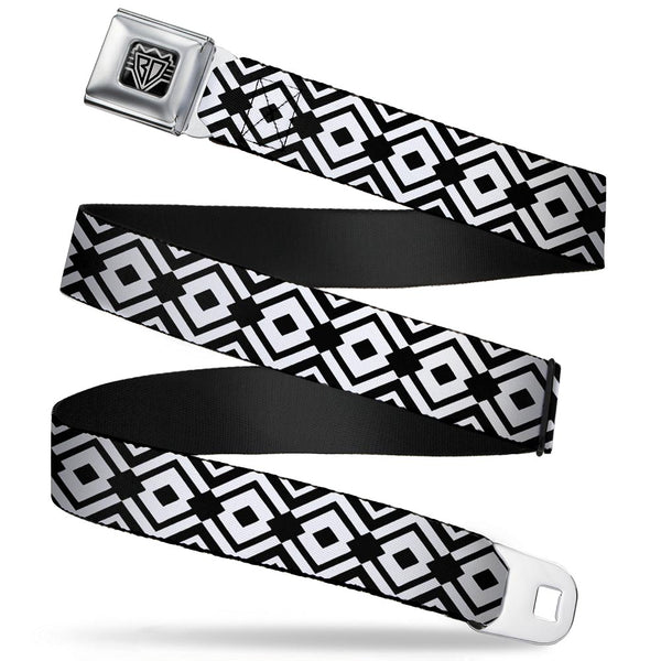 Buckle-Down BD Wings Logo CLOSE-UP Full Color Black Silver Seatbelt Belt - Geometric Diamond2 Black/White/Black Webbing