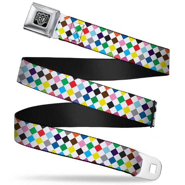 Buckle-Down BD Wings Logo CLOSE-UP Full Color Black Silver Seatbelt Belt - Diamonds White/Multi Color Webbing