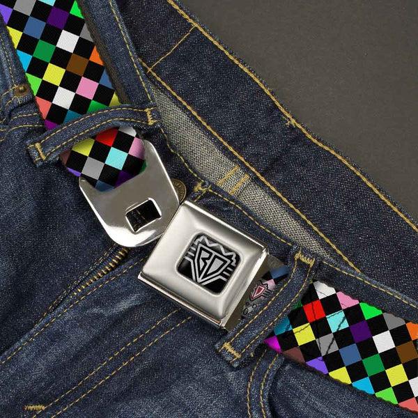 Buckle-Down BD Wings Logo CLOSE-UP Full Color Black Silver Seatbelt Belt - Diamonds Black/Multi Color Webbing
