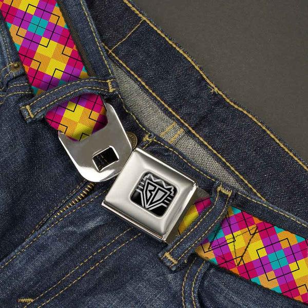 Buckle-Down BD Wings Logo CLOSE-UP Full Color Black Silver Seatbelt Belt - Diamond Plaid Orange/Yellow/Blue/Purple/Fuchsia Webbing