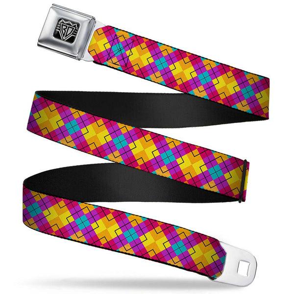 Buckle-Down BD Wings Logo CLOSE-UP Full Color Black Silver Seatbelt Belt - Diamond Plaid Orange/Yellow/Blue/Purple/Fuchsia Webbing