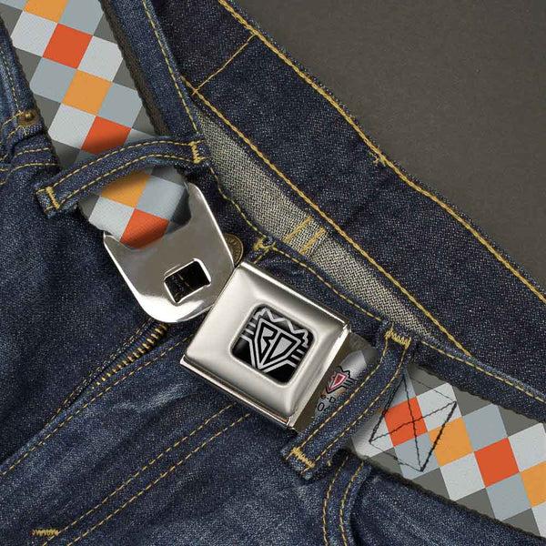 Buckle-Down BD Wings Logo CLOSE-UP Full Color Black Silver Seatbelt Belt - Diamond Plaid Grays/Orange Webbing
