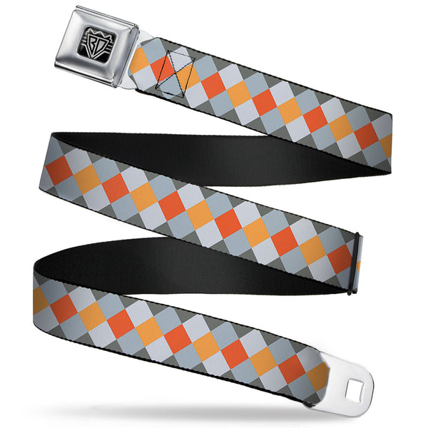 Buckle-Down BD Wings Logo CLOSE-UP Full Color Black Silver Seatbelt Belt - Diamond Plaid Grays/Orange Webbing