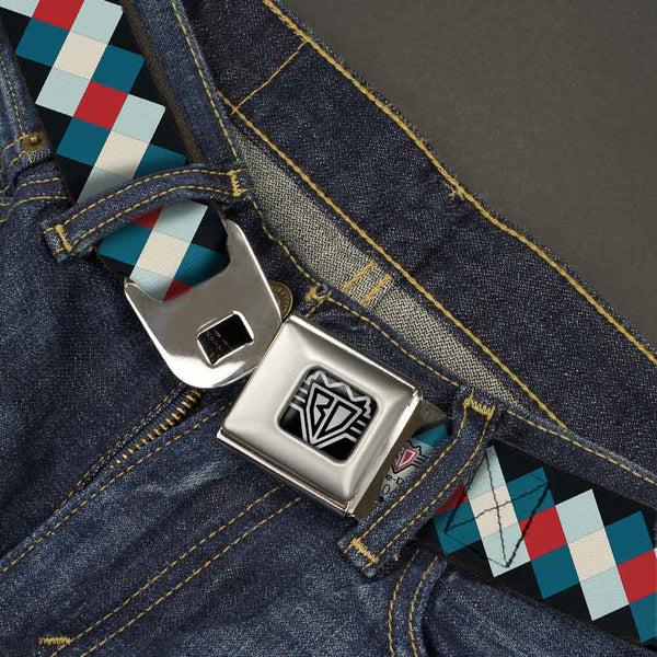 Buckle-Down BD Wings Logo CLOSE-UP Full Color Black Silver Seatbelt Belt - Diamond Plaid Blues/Khaki/Red Webbing