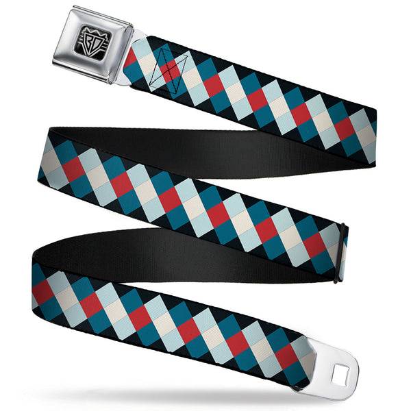 Buckle-Down BD Wings Logo CLOSE-UP Full Color Black Silver Seatbelt Belt - Diamond Plaid Blues/Khaki/Red Webbing