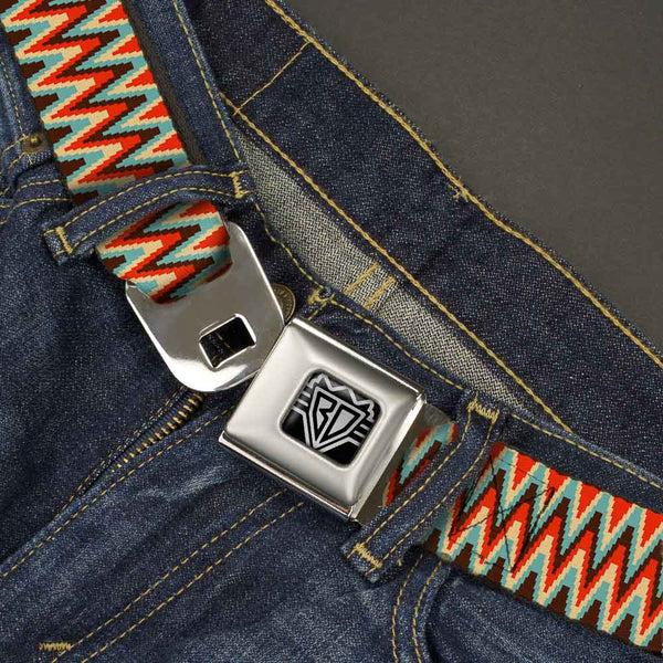 Buckle-Down BD Wings Logo CLOSE-UP Full Color Black Silver Seatbelt Belt - Jagged Zig Zag Brown/Aqua/Cream/Red Webbing