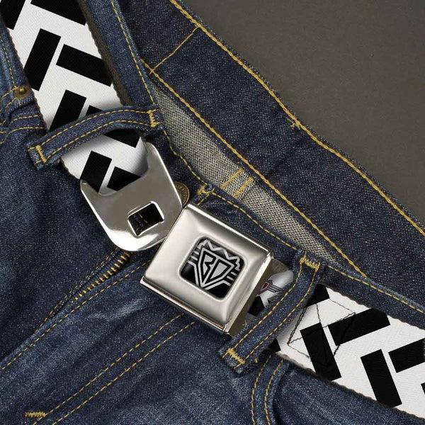Buckle-Down BD Wings Logo CLOSE-UP Full Color Black Silver Seatbelt Belt - Jagged Chevron White/Black Webbing