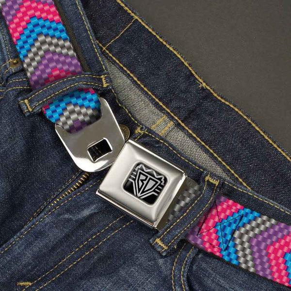 Buckle-Down BD Wings Logo CLOSE-UP Full Color Black Silver Seatbelt Belt - Chevron Weave Gray/Lavender/Pink/Baby Blue Webbing