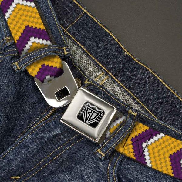 Buckle-Down BD Wings Logo CLOSE-UP Full Color Black Silver Seatbelt Belt - Chevron Weave Gold/Purple/White Webbing