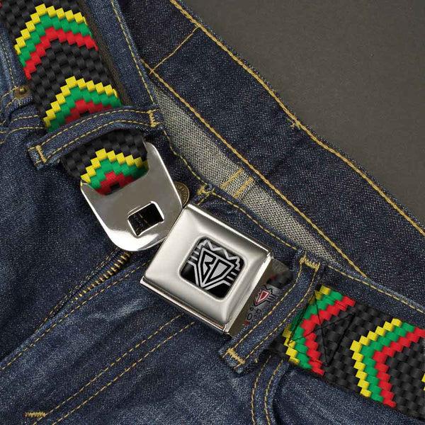 Buckle-Down BD Wings Logo CLOSE-UP Full Color Black Silver Seatbelt Belt - Chevron Weave Black/Rasta Webbing