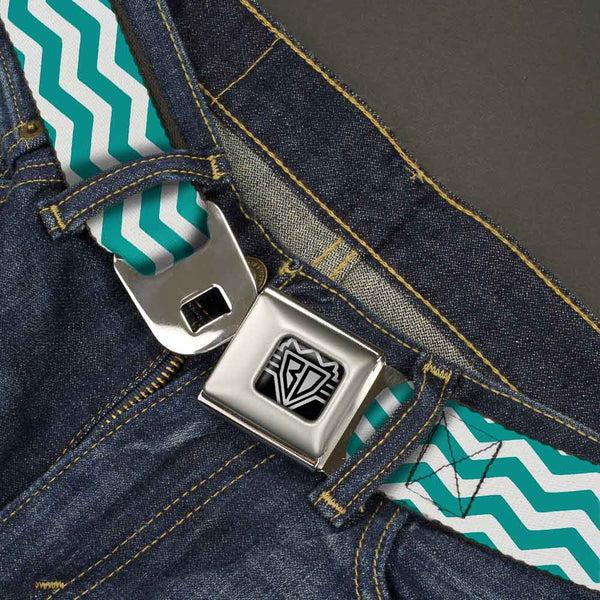 Buckle-Down BD Wings Logo CLOSE-UP Full Color Black Silver Seatbelt Belt - Chevron Stripe White/Teal Webbing