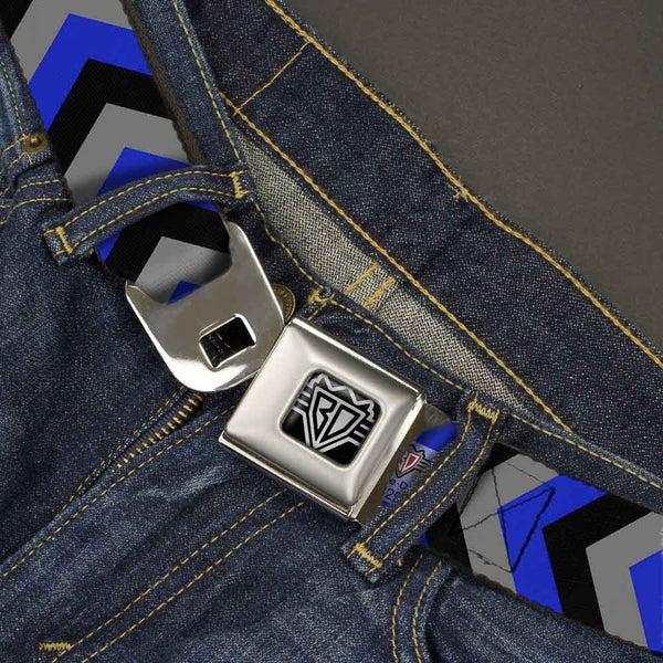 Buckle-Down BD Wings Logo CLOSE-UP Full Color Black Silver Seatbelt Belt - Chevron Blue/Black/Gray Webbing