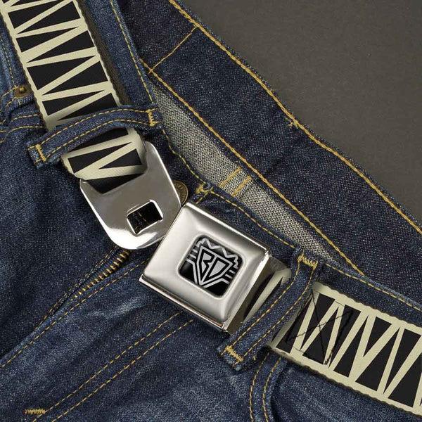 Buckle-Down BD Wings Logo CLOSE-UP Full Color Black Silver Seatbelt Belt - Zig Zag Doodle Cream/Black Webbing