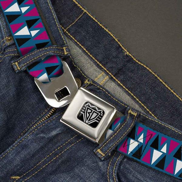 Buckle-Down BD Wings Logo CLOSE-UP Full Color Black Silver Seatbelt Belt - Peaks Turquoise/Fuchsia/Black/White Webbing