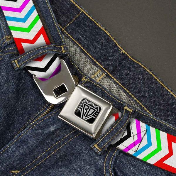 Buckle-Down BD Wings Logo CLOSE-UP Full Color Black Silver Seatbelt Belt - Arrows White/Multi Color Webbing