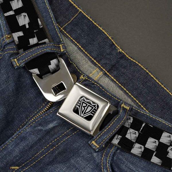 Buckle-Down BD Wings Logo CLOSE-UP Full Color Black Silver Seatbelt Belt - Scribble Checker Black/White Webbing