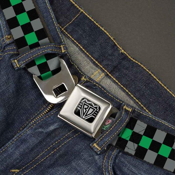 Buckle-Down BD Wings Logo CLOSE-UP Full Color Black Silver Seatbelt Belt - Checker Black/Gray/1 Green Webbing