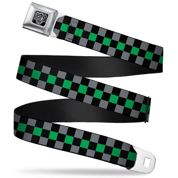 Buckle-Down BD Wings Logo CLOSE-UP Full Color Black Silver Seatbelt Belt - Checker Black/Gray/1 Green Webbing