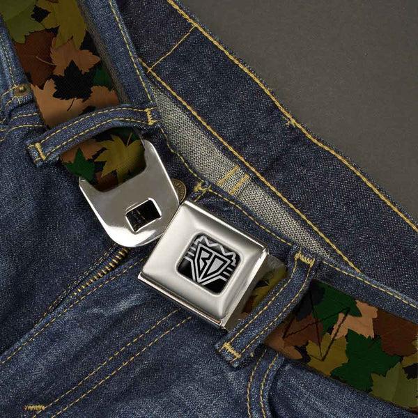 Buckle-Down BD Wings Logo CLOSE-UP Full Color Black Silver Seatbelt Belt - Leaf Camo Browns/Greens/Black Webbing
