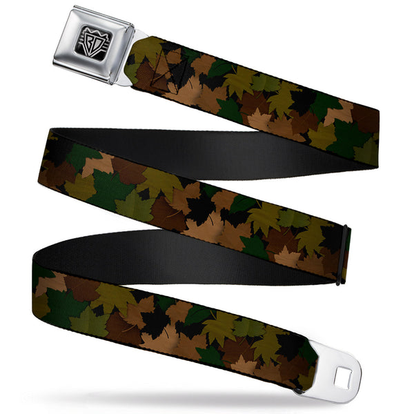Buckle-Down BD Wings Logo CLOSE-UP Full Color Black Silver Seatbelt Belt - Leaf Camo Browns/Greens/Black Webbing