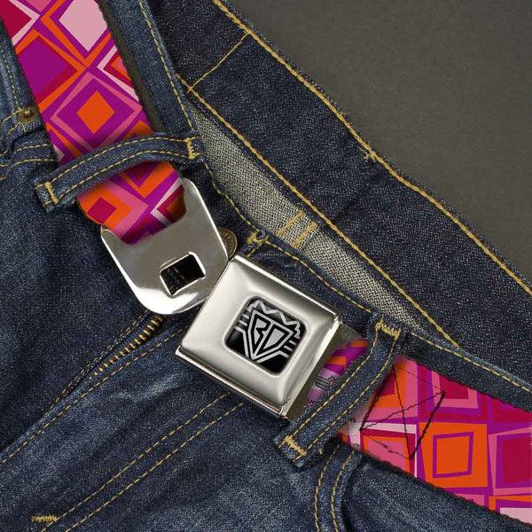 Buckle-Down BD Wings Logo CLOSE-UP Full Color Black Silver Seatbelt Belt - Skewed Squares Stacked Purple/Orange/Pinks Webbing