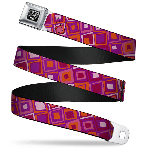 Buckle-Down BD Wings Logo CLOSE-UP Full Color Black Silver Seatbelt Belt - Skewed Squares Stacked Purple/Orange/Pinks Webbing