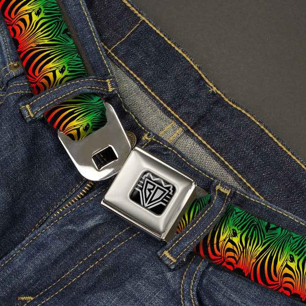 Buckle-Down BD Wings Logo CLOSE-UP Full Color Black Silver Seatbelt Belt - Zebra Head Rasta Webbing