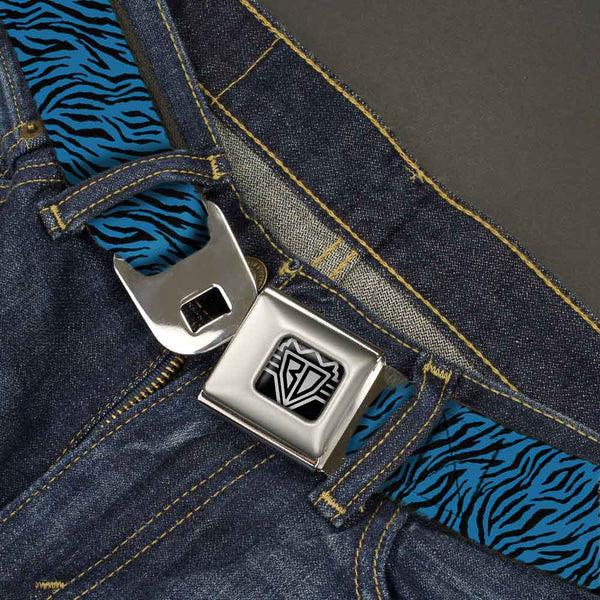 Buckle-Down BD Wings Logo CLOSE-UP Full Color Black Silver Seatbelt Belt - Zebra 2 Turquoise Webbing
