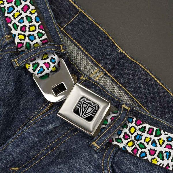 Buckle-Down BD Wings Logo CLOSE-UP Full Color Black Silver Seatbelt Belt - Leopard White/Multi Color Webbing