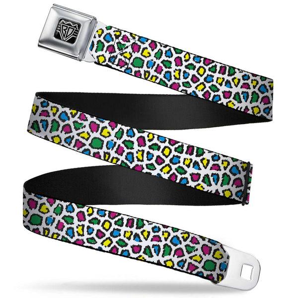 Buckle-Down BD Wings Logo CLOSE-UP Full Color Black Silver Seatbelt Belt - Leopard White/Multi Color Webbing