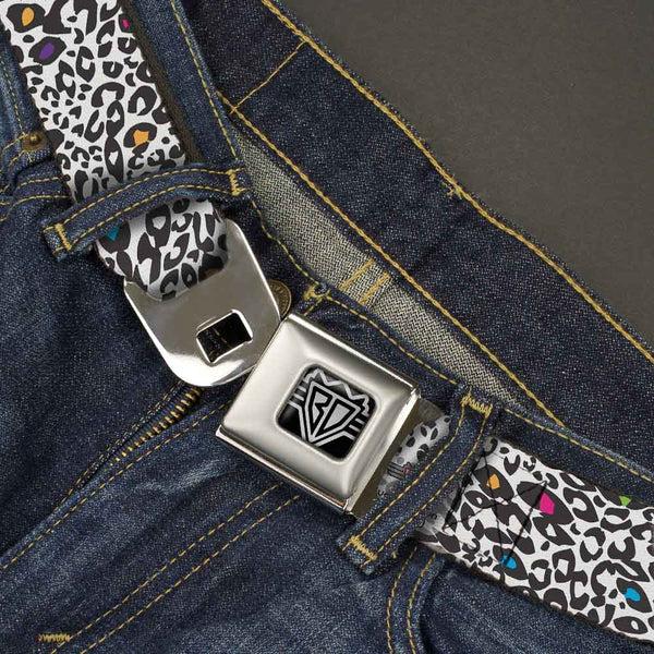 Buckle-Down BD Wings Logo CLOSE-UP Full Color Black Silver Seatbelt Belt - Leopard White/Black/Multi Color Webbing