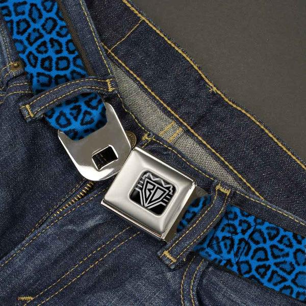 Buckle-Down BD Wings Logo CLOSE-UP Full Color Black Silver Seatbelt Belt - Leopard Turquoise Webbing