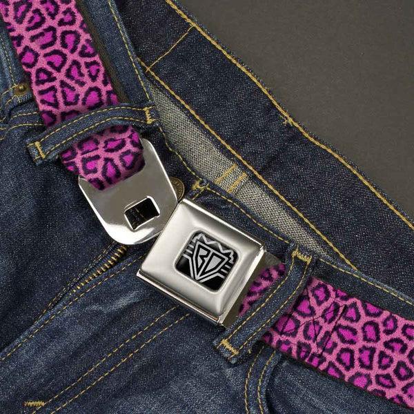 Buckle-Down BD Wings Logo CLOSE-UP Full Color Black Silver Seatbelt Belt - Leopard Pink Fuchsia Webbing