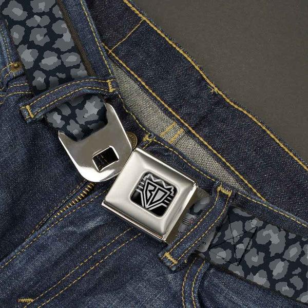 Buckle-Down BD Wings Logo CLOSE-UP Full Color Black Silver Seatbelt Belt - Leopard Grays Webbing