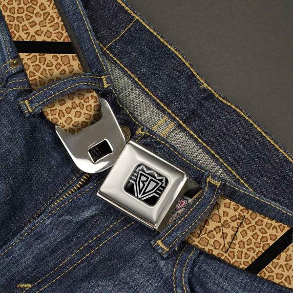 Buckle-Down BD Wings Logo CLOSE-UP Full Color Black Silver Seatbelt Belt - Leopard Brown/Black Slash Webbing
