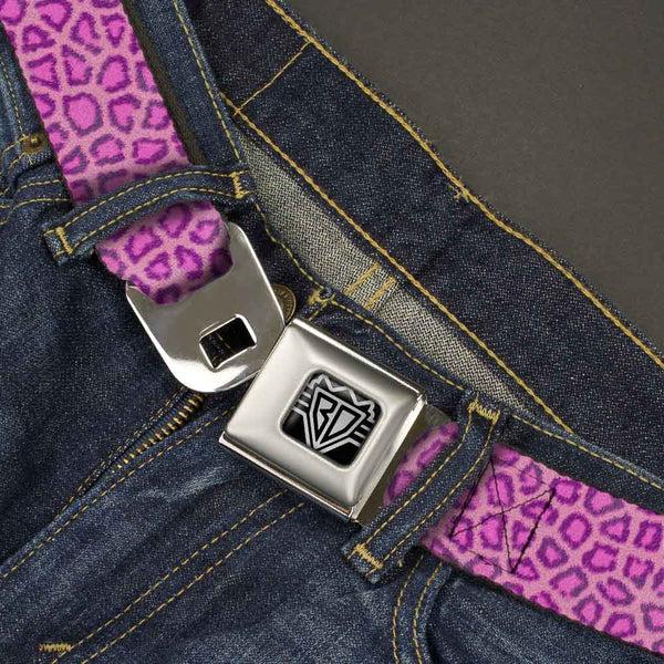 Buckle-Down BD Wings Logo CLOSE-UP Full Color Black Silver Seatbelt Belt - Leopard Baby Pink Webbing