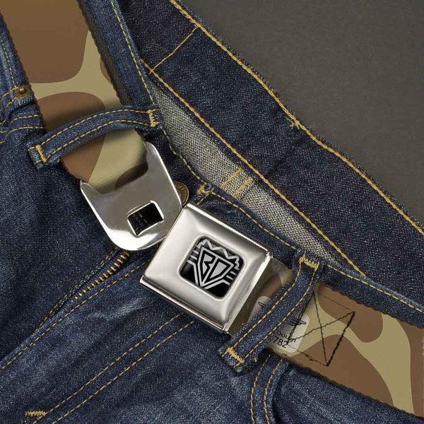 Buckle-Down BD Wings Logo CLOSE-UP Full Color Black Silver Seatbelt Belt - Giraffe Spots Tan/Brown Webbing