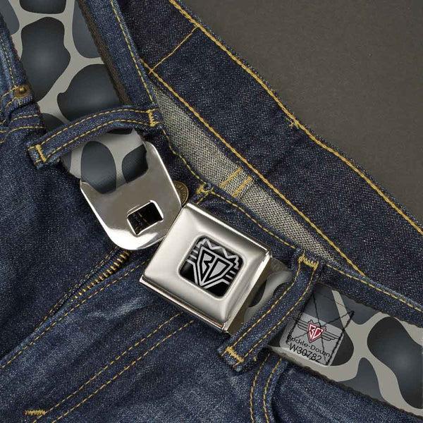 Buckle-Down BD Wings Logo CLOSE-UP Full Color Black Silver Seatbelt Belt - Giraffe Spots Gray/Charcoal Webbing