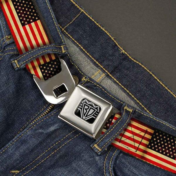 Buckle-Down BD Wings Logo CLOSE-UP Full Color Black Silver Seatbelt Belt - Vintage US Flag Repeat Webbing