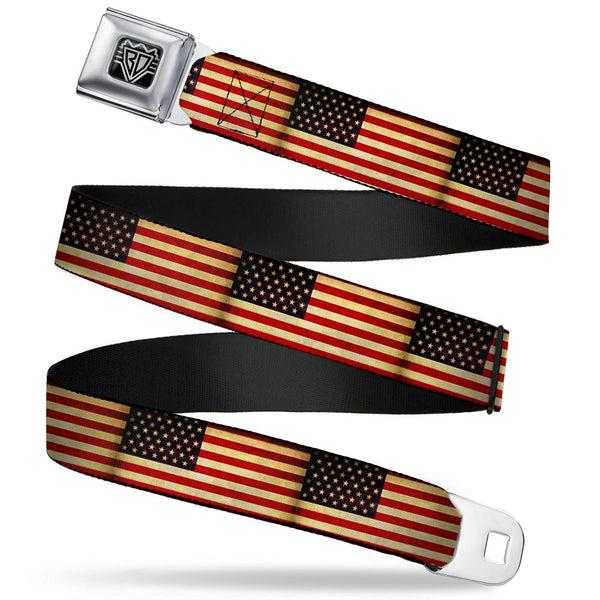 Buckle-Down BD Wings Logo CLOSE-UP Full Color Black Silver Seatbelt Belt - Vintage US Flag Repeat Webbing