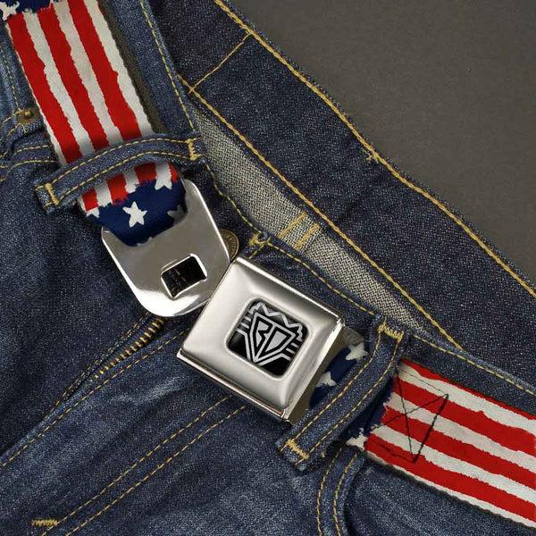 Buckle-Down BD Wings Logo CLOSE-UP Full Color Black Silver Seatbelt Belt - Stars & Stripes Painting Webbing